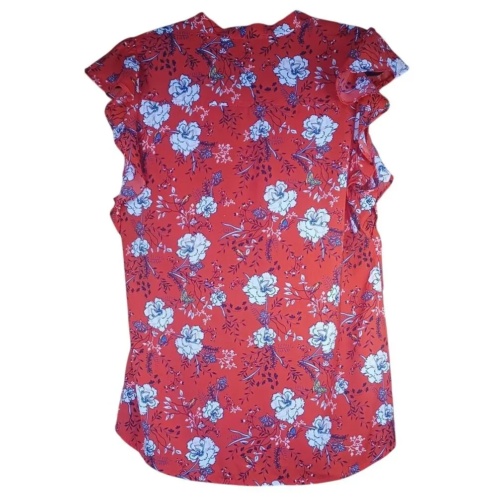Abercrombie & Fitch Red Floral Tie Neck Blouse Medium Office Flutter Sleeve Top
